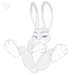  2022 absurd_res anthro bedroom_eyes breasts cellphone disney ears_up female front_view full-length_portrait genitals greyscale hi_res holding_object holding_phone judy_hopps lagomorph leporid looking_at_viewer mammal monochrome narrowed_eyes nipples phone portrait presenting presenting_pussy pussy r0cketjumper rabbit seductive selfie simple_background solo spread_legs spreading white_background zootopia 