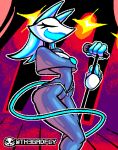  2022 artist_name deltarune domestic_cat eyelashes eyes_closed felid feline felis female floating_hands hair hi_res holding_microphone holding_object machine mammal microphone microphone_stand robot short_hair singing small_waist smile solo standing tasque_manager th3gadfly undertale_(series) video_games white_hair 