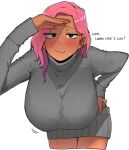  1girl :3 ? dark-skinned_female dark_skin dress english_text leaning_forward long_sleeves looking_at_viewer ohasi original pink_(ohasi) pink_hair ribbed_sweater short_hair simple_background solo sweat sweater turtleneck turtleneck_sweater white_background 