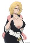  1girl bleach blonde_hair blue_eyes blush breasts cleavage highres japanese_clothes jewelry kimono large_breasts looking_at_viewer matsumoto_rangiku medium_hair mistowing mole mole_under_eye necklace signature simple_background smile solo white_background 