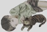  1boy animal brown_cat brown_fur brown_hair brown_shorts cat expressionless green_shirt liii_fv lying on_side on_stomach original petting shirt shorts solo striped_fur white_background 