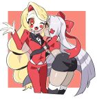  2girls arm_around_shoulder black_skirt blonde_hair bow bowtie charlie_morningstar circle_facial_mark colored_inner_hair colored_sclera colored_skin couple cropped_legs fangs grey_hair grey_skin hair_bow hair_over_one_eye hazbin_hotel hug long_hair miniskirt multicolored_hair multiple_girls pink_sclera red_eyes red_suit saeki_(pixiv_70169809) skirt suit thighhighs thighs tuxedo vaggie very_long_hair white_skin yellow_eyes yellow_sclera yuri 