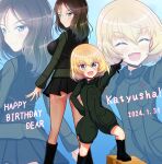  2girls ass black_gloves blonde_hair blue_eyes blush breasts brown_hair closed_eyes closed_mouth dated fang girls_und_panzer gloves happy_birthday highres katyusha_(girls_und_panzer) kumaisao large_breasts looking_at_viewer looking_back medium_hair microskirt military_uniform multiple_girls nonna_(girls_und_panzer) open_mouth pravda_military_uniform short_hair skirt small_breasts smile uniform 