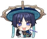  1boy arm_armor artist_name bangs black_shirt blue_eyes blue_gemstone blue_hair blue_headwear blue_vest blush chibi closed_mouth dark_blue_hair english_commentary gem genshin_impact gold hand_on_own_face hand_up hat jewelry jingasa looking_at_viewer male_focus mandarin_collar necklace official_alternate_costume open_clothes open_vest parted_bangs scaramouche_(genshin_impact) sheishii shirt short_hair short_sleeves simple_background sleeveless sleeveless_shirt smile solo tongue tongue_out two-tone_vest upper_body vest vision_(genshin_impact) wanderer_(genshin_impact) white_background white_vest 