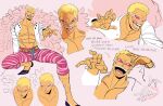  1boy absurdres blonde_hair closed_mouth coat commentary cropped_shoulders cropped_torso donquixote_doflamingo english_commentary english_text feather_coat grin highres inkiedraws leg_hair licking_lips male_focus multiple_views muscular muscular_male one_piece open_clothes open_mouth pink_coat shirt short_hair sketch smile sunglasses teeth tongue tongue_out white_shirt 