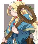  1girl belt belt_pouch blonde_hair blue_capelet blue_robe braid brown_belt capelet choker dungeon_meshi elf green_eyes holding holding_staff long_hair marcille_donato multiple_braids pointy_ears poteke pouch red_choker robe solo staff 