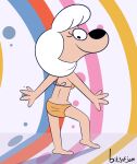 absurd_res anthro bikini butt canid canine canis chin_up clothing domestic_dog female food fruit hair hi_res invalid_background janey_poodle looking_at_viewer looking_back mammal plant pumpkin smile solo string_bikini sweet_polly_purebred swimwear white_hair
