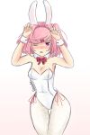  1girl absurdres animal_ears armpits artist_name blush breasts claw_pose cleavage commentary covered_navel cowboy_shot doki_doki_literature_club english_commentary fake_animal_ears fishnet_pantyhose fishnets gradient_background hair_ornament hair_ribbon hands_up highleg highleg_leotard highres leotard looking_at_viewer lower_teeth_only natsuki_(doki_doki_literature_club) nose_blush one_eye_closed open_mouth pantyhose pink_eyes pink_hair playboy_bunny rabbit_ears rabbit_tail raion_(raionart) red_ribbon ribbon short_hair signature small_breasts solo standing strapless strapless_leotard swept_bangs tail teeth thigh_gap white_background white_leotard white_pantyhose wide_hips wrist_cuffs x_hair_ornament 