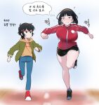  2girls ? amogan black_hair blunt_bangs blush breasts character_request clenched_hands clenched_teeth commentary_request copyright_request dolphin_shorts facing_viewer full_body highres jacket large_breasts long_sleeves medium_hair multiple_girls no_mouth no_nose open_mouth red_eyes red_jacket running shorts simple_background straight-on sweat teeth thick_thighs thighs thought_bubble track_jacket translation_request 