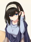  1girl 3: adjusting_hair asagi_nanami black_hair blue_eyes blue_shawl blue_shirt blush breasts closed_mouth collarbone commentary frown hair_between_eyes hairband hand_up highres idolmaster idolmaster_cinderella_girls jewelry large_breasts long_hair looking_at_viewer necklace sagisawa_fumika shawl shirt simple_background sleeves_past_wrists solo split_mouth upper_body white_background white_hairband 