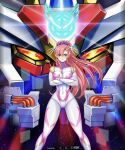  1girl ass_visible_through_thighs blue_eyes bodysuit breasts closed_mouth commentary_request covered_navel crossed_arms dated feet_out_of_frame g_gundam glowing glowing_eyes gundam gundam_seed gundam_seed_freedom hair_ornament hairclip high_ponytail highres impossible_bodysuit impossible_clothes insignia lacus_clyne large_breasts legs_apart long_hair looking_at_viewer mecha michi_kuso mighty_strike_freedom_gundam mobile_suit mobile_trace_suit multicolored_bodysuit multicolored_clothes pink_bodysuit pink_hair ponytail robot science_fiction shiny_clothes skin_tight standing strike_freedom_gundam two-tone_bodysuit v-fin v-shaped_eyebrows very_long_hair white_bodysuit yellow_eyes 