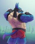 2016 anthro back_muscles biceps big_biceps big_muscles biped blue_body blue_fur bottomwear butt clothed clothing digital_media_(artwork) flexing flexing_bicep flexing_both_biceps fur generation_4_pokemon looking_back lucario male muscular muscular_anthro muscular_male nintendo pokemon pokemon_(species) red_bottomwear red_clothing red_eyes red_shorts shorts simple_background solo standing tail viridianvariant
