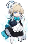  1girl apron black_dress blonde_hair blue_archive blue_bow blue_bowtie blue_eyes blue_hair boots bow bowtie braid bun_cover closed_mouth dress frilled_apron frills full_body hair_bun highres long_sleeves looking_at_viewer maid maid_apron maid_headdress multicolored_hair nyaru_(nyaru_4126) short_hair single_hair_bun solo streaked_hair toki_(blue_archive) transparent_background white_apron white_footwear 