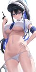  1girl adapted_costume ass_visible_through_thighs black_hair blue_archive blue_eyes blue_hair blue_halo blue_necktie blush breasts closed_mouth collared_shirt colored_inner_hair cowboy_shot cuffs giga-tera groin hair_between_eyes halo hand_on_own_hip highres large_breasts long_hair multicolored_hair navel necktie no_pants panties pointy_ears rin_(blue_archive) shackles shirt short_sleeves side-tie_panties simple_background solo underboob underwear walkie-talkie white_background white_panties white_shirt 
