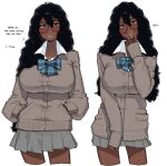  1girl black_hair blush broccoli_(ohasi) cardigan dark-skinned_female dark_skin english_text glasses hands_in_pockets long_hair long_sleeves looking_at_viewer ohasi original school_uniform shirt simple_background solo very_dark_skin very_long_hair 