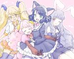  4girls animal_ears bad_drawr_id bad_id bare_shoulders belt blonde_hair bow bowtie breasts brown_gloves brown_sleeves cat_ears character_request closed_eyes closed_mouth copyright_request curly_hair dress drill_hair fang frilled_dress frilled_shirt_collar frills gloves hair_ornament headdress heart horns hug hug_from_behind juliet_sleeves long_hair long_sleeves looking_at_viewer multiple_girls necktie oekaki one_eye_closed open_mouth orange_necktie orange_skirt outline pink_background pink_bow pink_bowtie pink_dress pink_hair pleated_skirt puffy_sleeves purple_belt purple_dress purple_hair purple_thighhighs rabbit_ears sheep_horns shirt short_hair simple_background sitting skirt small_breasts standing star_(symbol) star_hair_ornament striped_clothes striped_thighhighs thighhighs thighs twin_drills twintails white_headdress white_outline white_shirt yuu_(drawr) zettai_ryouiki 