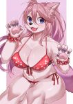 2023 5_fingers absurd_res ahoge anthro big_breasts bikini black_nose blush breasts canid canine claws cleavage clothed clothing cute_fangs digital_media_(artwork) female female_anthro finger_claws fingers fox fur hair hi_res kamenosachi kemono long_hair looking_at_viewer mammal open_mouth pawpads pink_body pink_fur pink_hair purple_eyes solo swimwear tail tongue