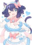 &lt;3 animal_humanoid black_hair blue_eyes bow_ribbon cat_humanoid clothing curled_hair cyan_hijirikawa domestic_cat felid felid_humanoid feline feline_humanoid felis female hair hi_res humanoid mammal mammal_humanoid meli_s015 open_mouth sanrio short_hair show_by_rock!! simple_background solo sweater topwear