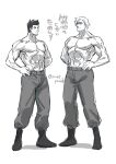  2boys abs ao_isami bara comparison eye_contact facial_hair greyscale highres large_pectorals lewis_smith looking_at_another male_focus medium_sideburns monochrome multiple_boys nipples pectorals rao_(live-w) shredded_muscles sideburns_stubble sketch smile standing stubble thick_eyebrows topless_male translation_request yuuki_bakuhatsu_bang_bravern 