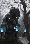 ambiguous_gender atmospheric bleak_ambiance blue_fire brazier canid canine canis colored_fire dark_theme digital_media_(artwork) digital_painting_(artwork) dragon feathers fire fog fur hi_res horn hybrid long_horn mammal marble ponynok praying_hands scalie sculpture shaded solo statue western_dragon wings wolf