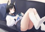  1girl animal_ears black_eyes black_hair black_panties black_sailor_collar black_skirt blue_archive blue_halo blue_neckerchief blue_string cat&#039;s_cradle cat_ears couch halo highres kikyou_(blue_archive) long_sleeves looking_at_viewer lying neckerchief no_shoes on_back on_couch panties pillow pleated_skirt sailor_collar school_uniform sellf serafuku short_hair skirt socks solo underwear white_socks 