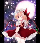  1girl ascot backlighting blonde_hair blush bow closed_mouth collared_shirt cowboy_shot crystal flandre_scarlet frilled_shirt_collar frilled_skirt frilled_sleeves frills full_moon hat hat_ribbon highres index_finger_raised ke-a-ru light_smile looking_at_viewer mob_cap moon multicolored_wings one_eye_closed one_side_up pillarboxed puffy_short_sleeves puffy_sleeves red_bow red_eyes red_ribbon red_skirt red_vest ribbon shirt short_sleeves skirt sleeve_bow sleeve_ribbon solo star_(symbol) touhou vest white_headwear white_shirt wings wrist_cuffs yellow_ascot 