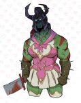  1boy bara blood blood_on_weapon character_request cropped_legs dress fake_horns glowing glowing_eyes helmet highres horned_helmet horns large_pectorals looking_at_viewer magical_boy male_focus monster_boy muscular muscular_male orc pectorals pink_dress solo standing tusks weapon wkokbu 