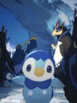  6+others arc_draws beak bird blue_sky empoleon evolutionary_line highres ice looking_at_viewer multiple_others no_humans outstretched_arms penguin photo-referenced piplup pokemon pokemon_(creature) prinplup shade sky twitter_username wings 