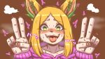 anthro blonde_hair blush bodily_fluids canid canine clothing female fox gesture hair komenuka_inaho komenuka_inaho_(komenuka_inaho) long_hair mammal smile solo star_shaped_pupils sweat sweater tagme tears tongue tongue_out topwear upper_body v_sign 