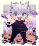  1girl 2boys animal_ears artist_name berry black_jacket blue_eyes brown_hair cat_boy cat_ears cat_tail chibi closed_eyes cloud cursed_spirit_(jujutsu_kaisen) fang getou_suguru ghost gojou_satoru hand_on_own_hip high_collar holding_orb ieiri_shoko jack-o&#039;-lantern jacket jujutsu_kaisen jujutsu_tech_uniform kimikimi_(sisterplan_12) male_focus mole mole_under_eye multicolored_eyes multiple_boys open_mouth outstretched_arm school_uniform short_hair smile smoking star_(symbol) sunglasses tail white_hair 