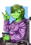 2024 5_fingers absurd_res anthro artist_name baryonyx blue_eyes claws clothing devil_horns_(gesture) digital_drawing_(artwork) digital_media_(artwork) dinosaur disability female finger_claws fingers gesture green_body green_hair green_scales hair hi_res hoodie i_wani_hug_that_gator looking_at_viewer olivia_halford paraplegic reptile scales scalie short_hair signature simple_background sitting smile snout solo spinosaurid theropod topwear wheelchair whit3pinkmann yellow_sclera