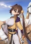  1girl blue_sky braid breasts brown_eyes brown_hair cloud commentary_request cowboy_shot day desert hair_ribbon highres honkai_(series) honkai_impact_3rd large_breasts li_sushang long_hair looking_at_viewer looking_to_the_side meda orange_ribbon outdoors ribbon sky smile solo three_quarter_view very_long_hair 