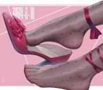  1girl ankle_ribbon black_pantyhose close-up feet foot_focus high_heels highres leg_ribbon open_mouth pantyhose pink_background polka_dot polka_dot_pantyhose qizhu red_footwear red_ribbon ribbon shoe_dangle shoes single_shoe solo toenails toes two-tone_background white_background 