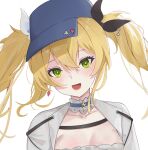  1girl absurdres blonde_hair blue_headwear breasts choker cleavage dokibird_(vtuber) earrings english_commentary eyelashes frilled_choker frills green_eyes hat highres indie_virtual_youtuber jacket jewelry light_blush long_hair looking_at_viewer open_clothes open_jacket open_mouth portrait smile solo twintails virtual_youtuber zeroalka 