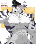  1boy abs animal_ears artist_name bara black_headwear character_name dated dislyte edadrz english_commentary fang fang_out furry furry_male highres jin_qiu_(ru_shou)_(dislyte) male_focus muscular muscular_male nipples pectorals ponytail tail tiger_boy tiger_ears tiger_stripes tiger_tail yellow_eyes 