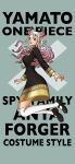  1girl anya_(spy_x_family) anya_(spy_x_family)_(cosplay) black_dress character_name copyright_name cosplay crossover dress english_text highres horn_ornament horns jumping kneehighs long_hair looking_at_viewer multicolored_hair one_piece open_mouth orange_eyes pink_hair red_horns red_ribbon ribbon socks spy_x_family two-tone_hair white_hair white_socks yamato_(one_piece) zuberubar 