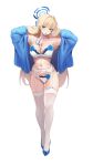  1girl absurdres adjusting_hair alternate_costume armpits arms_up ass_visible_through_thighs bare_shoulders between_breasts blonde_hair blue_archive blue_eyes blue_flower blue_footwear blue_halo blue_jacket blue_rose blush bra breasts cleavage closed_mouth floral_print flower full_body garter_belt garter_straps hair_intakes halo high_heels highres id_card jacket large_breasts lingerie long_hair long_sleeves looking_at_viewer lucifer_liyen midriff mouth_hold navel open_clothes open_jacket panties presenting_armpit rose rose_print shiny_skin simple_background skindentation solo standing stomach thighhighs toki_(blue_archive) underwear very_long_hair white_background white_bra white_panties white_thighhighs 