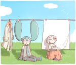  2girls bed_sheet black_gloves black_skirt blunt_bangs blush_stickers boots border braid braided_ponytail chis-a closed_eyes clothes_pin clothesline cloud coat commentary_request day detached_sleeves elbow_gloves gloves gradient_skirt green_coat green_shirt green_skirt grey_hair grey_shirt hatsune_miku hugging_own_legs knees_up long_skirt multicolored_hair multiple_girls no_mouth on_grass open_mouth orange_hair orange_skirt outdoors outstretched_legs pleated_skirt puffy_short_sleeves puffy_sleeves raised_eyebrows shadow shirt short_sleeves sitting skirt sleeveless sleeveless_shirt smile streaked_hair t705gp thigh_boots twintails unworn_coat vocaloid voisona white_border 