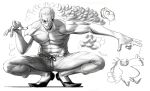  1boy abs absurdres arm_up blonde_hair capri_pants coat collarbone donquixote_doflamingo feather_coat highres inkiedraws leg_hair looking_at_viewer male_focus monochrome muscular muscular_male navel one_piece open_mouth pants pectorals short_hair simple_background sketch smile squatting sunglasses thread topless_male white_background 