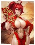  1girl abs ahoge alternate_costume breasts china_dress chinese_clothes cleavage dress goddess_of_victory:_nikke hand_fan hand_on_own_hip highres large_breasts long_hair midriff navel nihilister_(nikke) ponytail red_eyes red_hair sivarkart smile solo standing 