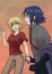  1boy 1girl absurdres athrun_zala black_pants blonde_hair blue_hair brown_pants cagalli_yula_athha casual couple green_eyes grey_shirt gundam gundam_seed gundam_seed_freedom highres holding_hands looking_at_another nagisa_(nagi7mayn) pants red_shirt red_tie shirt short_hair smile sunset yellow_eyes 