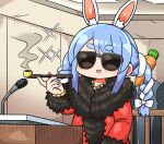  1girl :d animal_ear_fluff animal_ears blue_hair braid carrot_hair_ornament chibi coat commentary_request food-themed_hair_ornament fur-trimmed_coat fur-trimmed_sleeves fur_trim hair_ornament holding holding_smoking_pipe hololive indoors kanikama kiseru long_sleeves multicolored_hair rabbit_ears red_coat short_eyebrows silhouette smile smoke smoking_pipe solo_focus sparkle sunglasses thick_eyebrows twin_braids twintails two-tone_hair usada_pekora virtual_youtuber white_hair 
