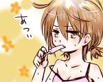  1girl bare_arms bare_shoulders breasts brown_eyes brown_hair cleavage commentary_request food hair_between_eyes hand_up holding holding_food holding_popsicle hot i.u.y light_blush medium_breasts medium_hair misaka_worst orange_background pink_tank_top popsicle profile solo sweat tank_top toaru_majutsu_no_index translation_request 