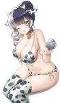  1girl animal_ears animal_print bell bikini black_hair breasts cleavage cow_ears cow_horns cow_print cow_print_bikini cowbell highres hololive hololive_english horns large_breasts looking_at_viewer multicolored_hair print_bikini redundant-cat shiori_novella simple_background solo split-color_hair swimsuit thighhighs two-tone_hair virtual_youtuber white_hair yellow_eyes 