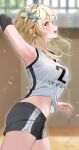  1girl alternate_costume arm_up armpits black_shorts blonde_hair blurry blurry_background bouncing_breasts breasts elbow_pads flower genshin_impact gym_shorts hat hat_flower highres jumping kabu_usagi large_breasts looking_ahead looking_up lumine_(genshin_impact) midriff open_mouth paid_reward_available print_shirt shirt short_hair short_hair_with_long_locks shorts sleeveless sleeveless_shirt solo sportswear sweatdrop volleyball_uniform white_flower white_shirt yellow_eyes 