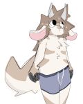 anthro big_tail bovid boxers_(clothing) brown_body brown_fur brown_hair caprine clothing fur goat goog_(gunky) gunky_(artist) hair horn long_hair looking_up male mammal multicolored_body multicolored_fur simple_background standing tail two_tone_body two_tone_fur underwear white_body white_fur wide_hips