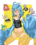  6+girls ahoge bird_legs black_tank_top blue_feathers blue_hair blue_wings breasts centorea_shianus commentary_request feathered_wings feathers hair_between_eyes harpy highres long_hair looking_at_viewer meroune_lorelei micro_shorts midriff miia_(monster_musume) monster_girl monster_musume_no_iru_nichijou multiple_girls navel nebula_flabby open_mouth papi_(monster_musume) rachnera_arachnera shorts small_breasts solo_focus strap_slip suu_(monster_musume) tank_top teeth two-tone_background upper_teeth_only white_background winged_arms wings yellow_background yellow_eyes 