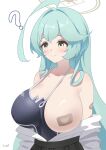  1girl ? ahoge aqua_hair artist_name bandaid bandaid_on_arm bandaids_on_nipples black_skirt blue_archive breasts closed_mouth commentary hair_intakes halo highres huge_ahoge korean_commentary light_smile long_hair looking_to_the_side one-piece_swimsuit one_breast_out pasties shirt shirt_tucked_in simple_background skirt solo swimsuit tomid upper_body very_long_hair white_background white_shirt yellow_eyes yume_(blue_archive) 