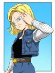  1girl absurdres android_18 aqua_eyes arm_up belt blonde_hair brown_belt collarbone commentary dragon_ball dragon_ball_z english_commentary highres iamthetrev jacket long_sleeves looking_at_viewer solo striped_sleeves torn torn_clothes torn_jacket vertical-striped_sleeves white_sleeves 