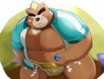  anthro ashigara asian_clothing belly brown_body brown_fur clothing east_asian_clothing eyebrows fur green_hair hair hairy hi_res japanese_clothing lifewonders male mammal mawashi metaporin musclegut nipples pecs solo sumo_wrestler thick_eyebrows tokyo_afterschool_summoners ursid video_games 